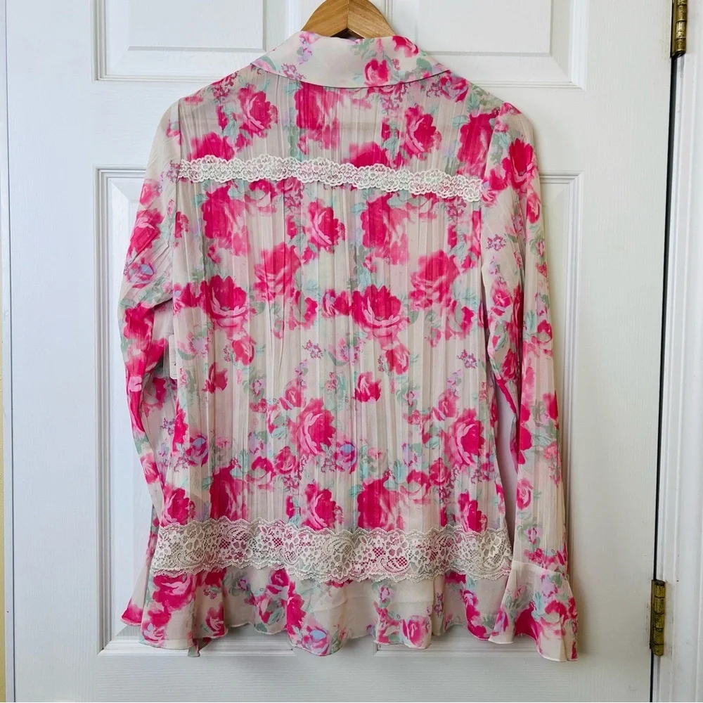 Free People Bad at Love Printed  Blouse in ivory with Pink and Red Roses